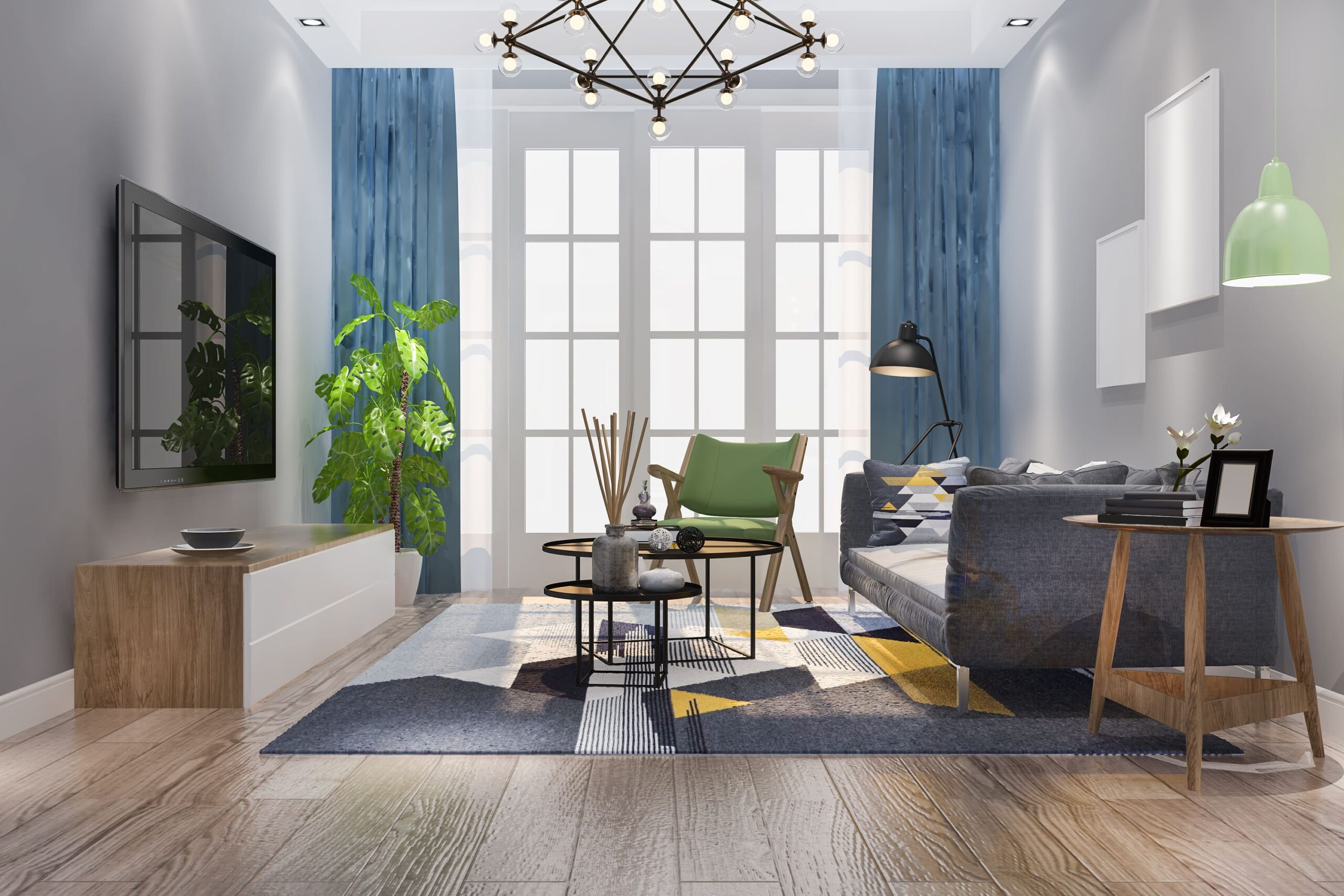 Salon contemporain avec canapé gris nettoyé par AS Auto Nettoyage à Bordeaux, lumière naturelle et décoration colorée,