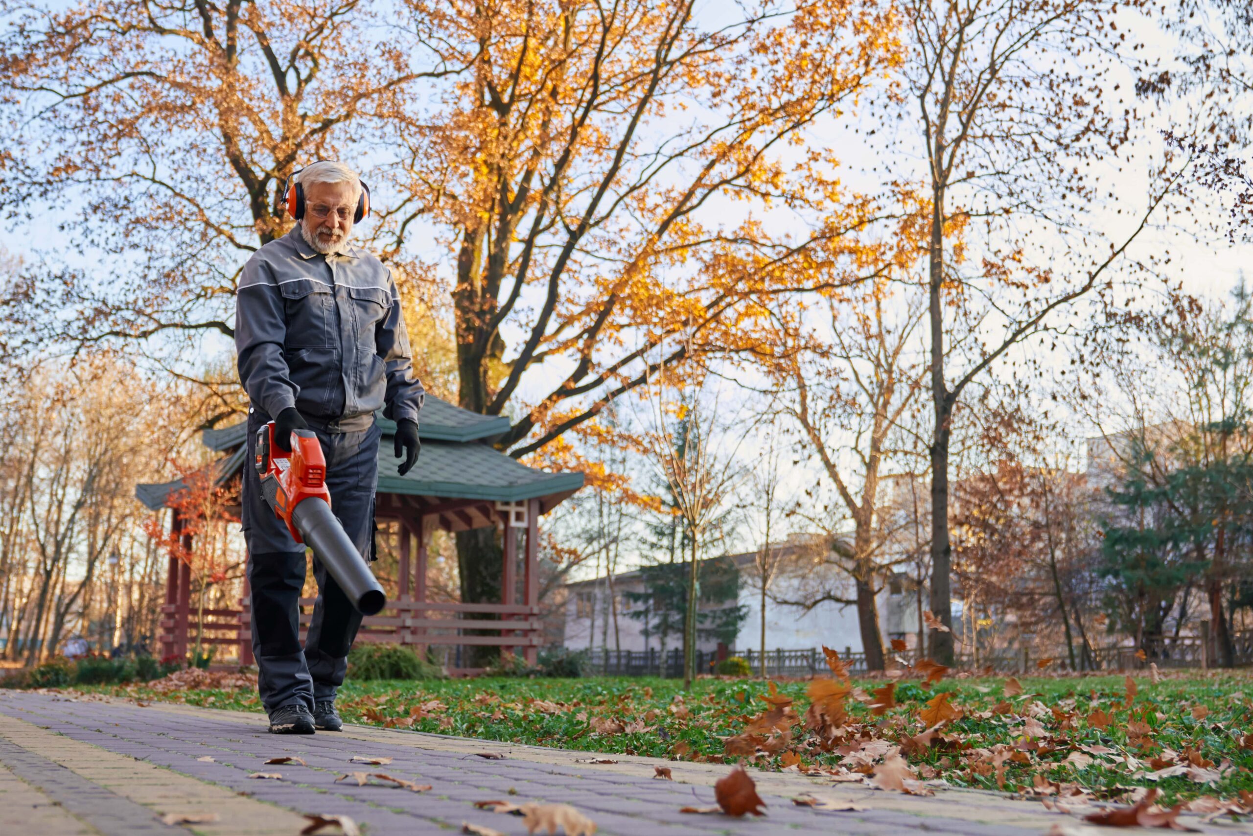 Soufflage de feuilles sur allée pavée d'automne par AS Auto Nettoyage dans un parc calme à Bordeaux,